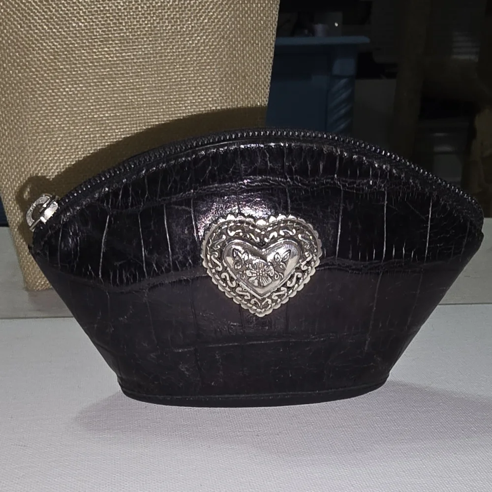 Brighton Vintage Crocodile Black Leather Heart-Embellished Women's Accessory Bag